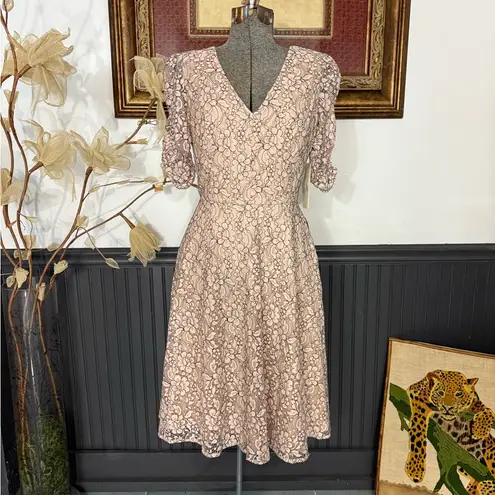 Eliza J NWT Cream Floral Lace Fit and Flare Ruched Sleeve Dress ~ Size 8 💚🍄