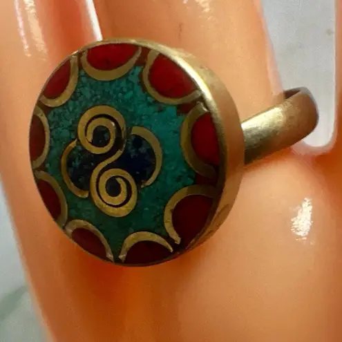Turquoise & Coral Inlay Brass Adjustable Ring Blue