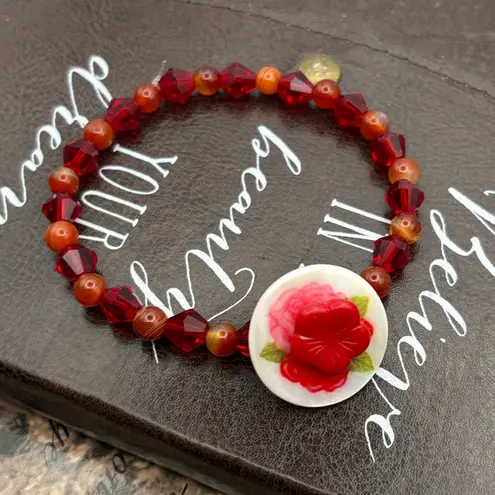 Handmade  Red Floral Beaded Gemstone Bracelet