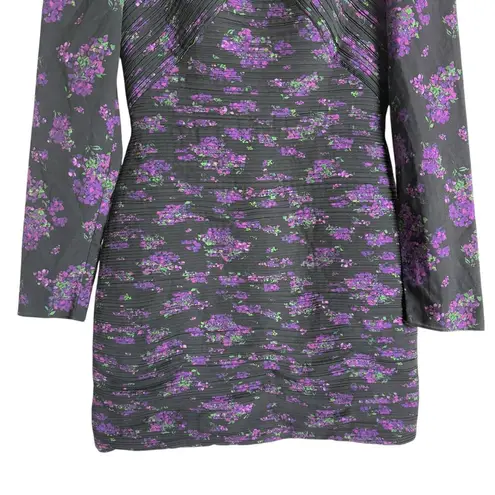Amur Giulia Black Purple Pleated Floral Print Long Sleeve Mini Dress Size 4