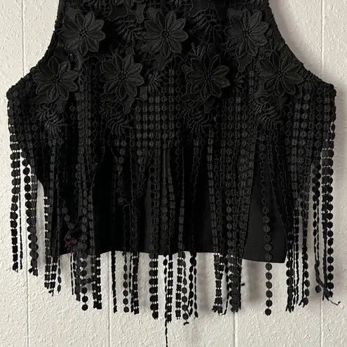 Forever 21 Top Womens XS Fringe Floral Goth Western Boho Coquette Festival Chic Black