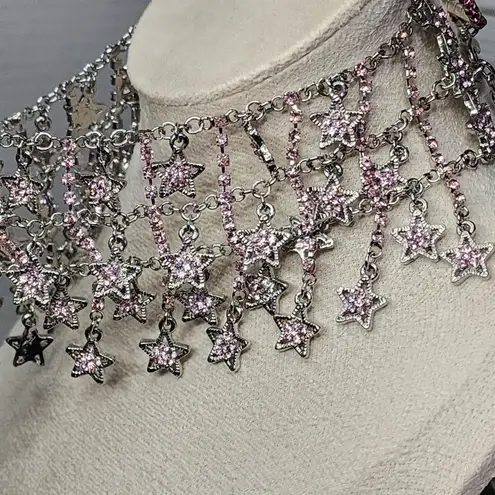 Statement Silver and Pink Crystal Stars Choker Necklace
