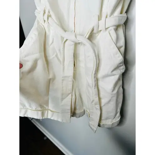 A.P.C. White Cotton Denim Collared Gold Zipper Front Tie Waist Romper Size 38