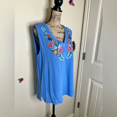 Kori Embroidered Light Blue V Neck Floral Tank Top Size Large