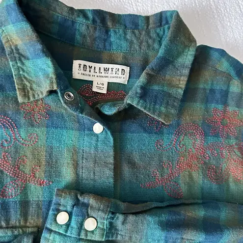 Idyllwild Flannel LS Western Shirt Women L Pearl Snaps Embroider Teal Tan Coral Size XL