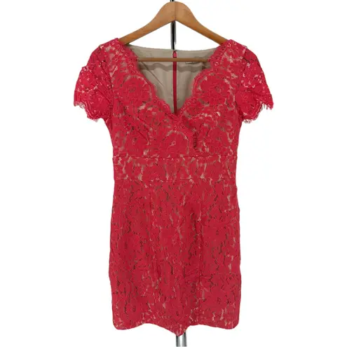 Eliza J Cap Sleeve Coral Lace Sheath Dress size 6 Short Sleeves V Neck