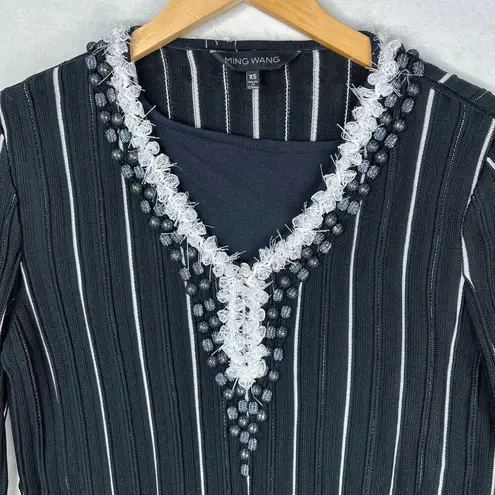 Ming Wang Embroidered striped 3/4 sleeve rayon blend Knit blouse Black White XS