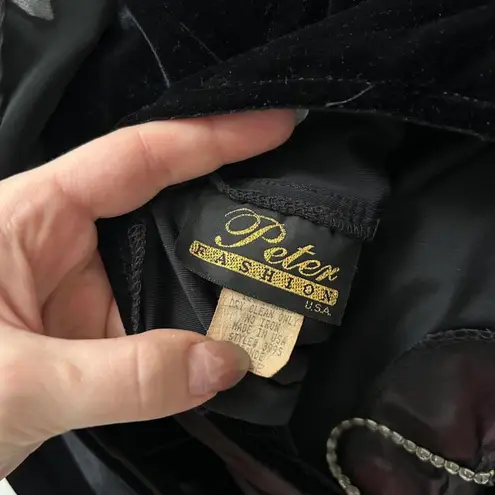 Vintage Black velvet halter neck dress high neck diamanté charm sheer scarf Size L