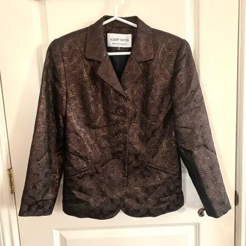 3/$15 Albert Nipon Vintage Jacquard Metallic Textured Blazer Suit Jacket Brown Size 6P
