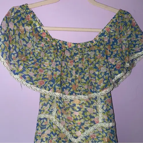 Camela of California S Maxi Dress 70s Ball Gown Blue Ditsy Floral Ruffle Boho