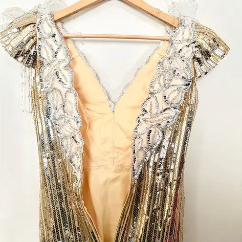 VTG Floral Beaded Cap Sleeve Gold & Silver Gown Size 12