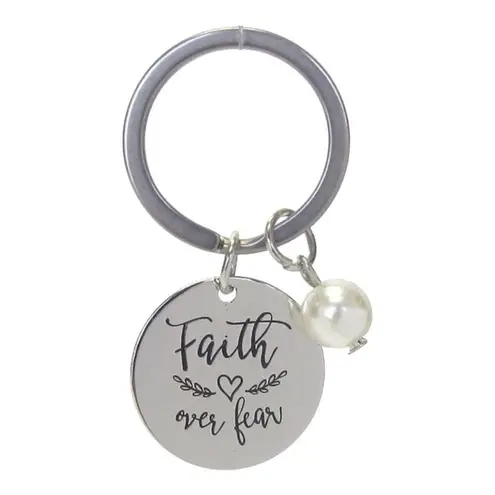 Brand New Boutique Hand Stamped .925 Faith Over Fear Silver Keychain White