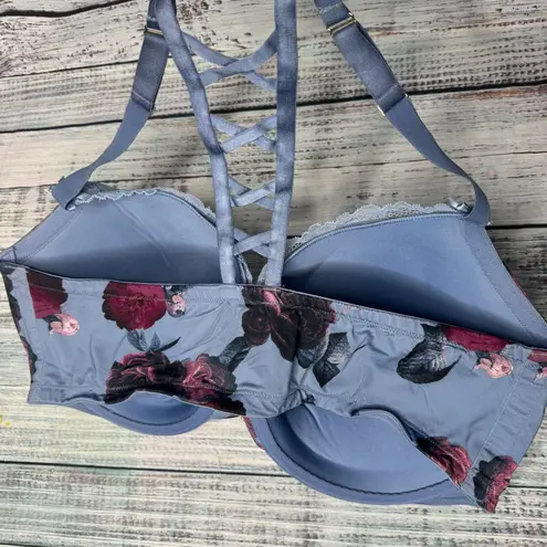 Cacique Lane Bryant 44F Boost Plunge Bra Gray Red Floral Strappy Lace Underwire