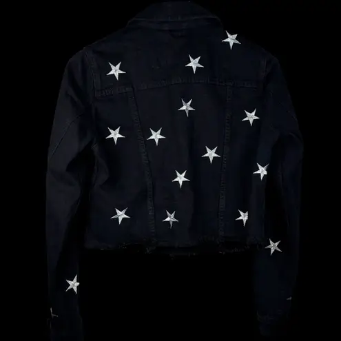 Pistola Brando Star‑Embroidered Denim Jacket S Black Raw Hem Silver Stars