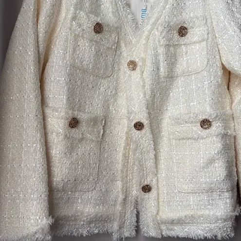 Bluivy Tweed Sparkle French Chic Gold Button Down Long Sleeve Frayed Blazer