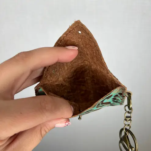 Turquoise Brown Tooled Leather Envelope Card Holder Keychain Wallet Cute Blue