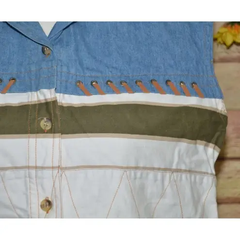 Vintage 90's Small Kikomo Denim Striped Shirt Sleeveless Button Leather Trim Top White