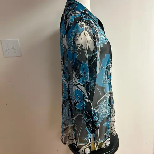 Investments Vintage Floral Blue and Black Sheer Button Up Shirt