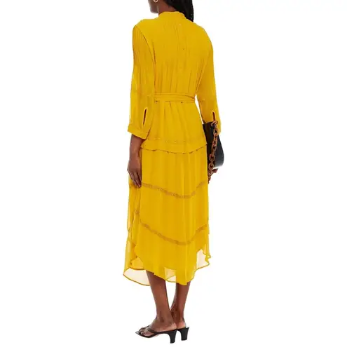 Ba&sh NWT  Prune Embroidered Pintucked Georgette Midi Dress in Mustard