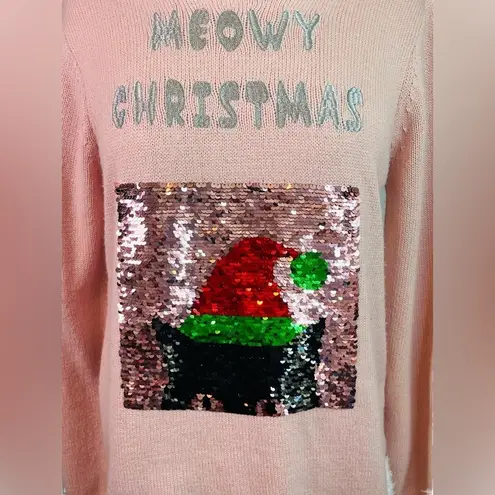 Holiday Time MEOWY CHRISTMAS INTERCHANGEABLE SEQUIN CAT PINK KNIT SWEATER WOMEN SIZE SMALL