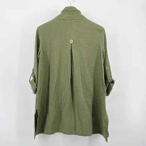 John Mark  Olive Green Textured Button Front Shirt Tunic Top Size Small Roll Tab