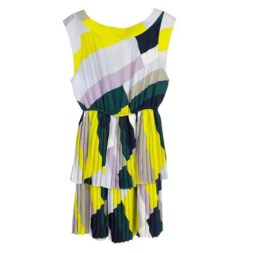 Suno 100% Silk Pleated Mini Dress Bold Geometric Print Size Small Yellow