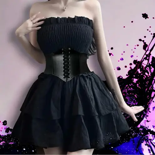 Vintage Style Lace Up Faux Leather Elastic Girdle Black Casual Wide Waistband