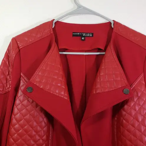 EXTENZO PARIS Women's Large Red Solid Moto, Trench, Quilted, Faux Leather Coat