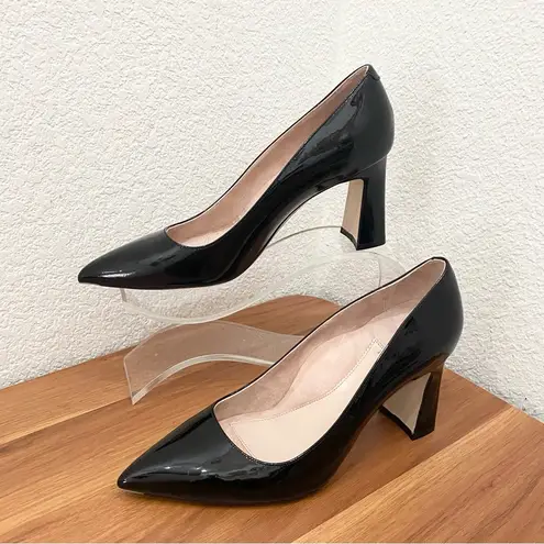 ALLY Shoes Bold Blocks Black Patent Leather Block Heel Pointy Pumps 41.5 9.5