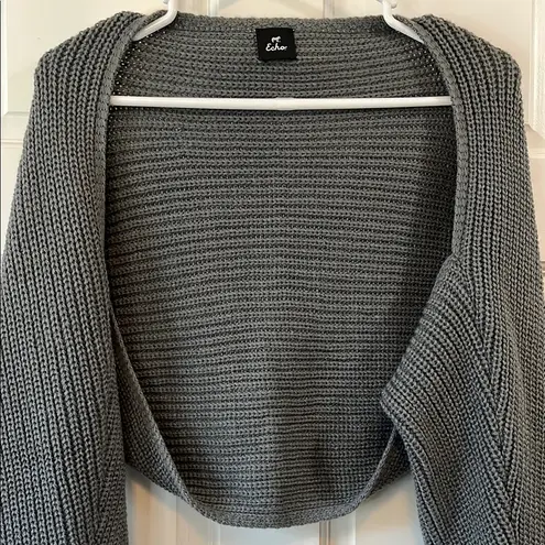 Echo Gray Chunky Knit Open Front Bolero Shrug with Long Sleeves