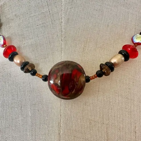Red, black and faux pearl beaded necklace Red