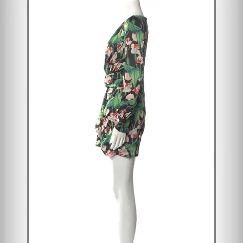 PatBO | Green Floral Print Mini Wrap Dress Long Sleeves | XS