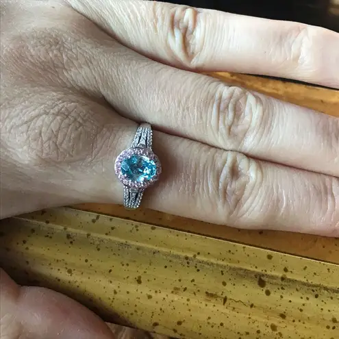 Natural Pink Sapphire Blue Zircon Sterling Silver Halo Ring Size 10