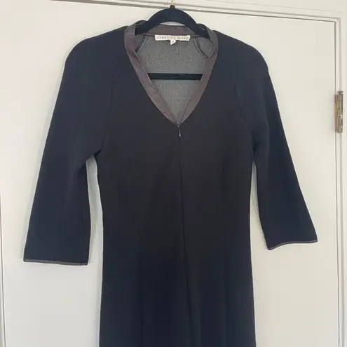 Veronica Beard Zip Front Black Dress Wool Blend Leather Trim V Neck Size 2