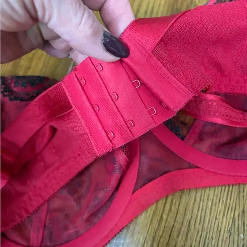 Felina Christelle Bra 36DDD, Red Sheer Mesh Lace Full Busted, EUC