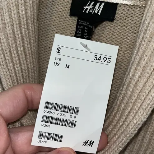 H&M  Knit Sweater Dress w “Wrap” Neck Shawl Collar 3/4 Sleeves Tan Women’s M