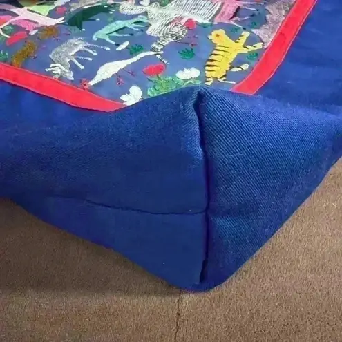 Quilted Blue Tote Bag with Animal Embroidery Boho Anthropologie Style