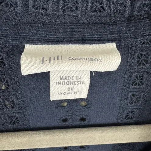 J. Jill Corduroy 100% Cotton Navy Eyelet Button Up Collared Corduroy Shirt 2X Blue - Image 4