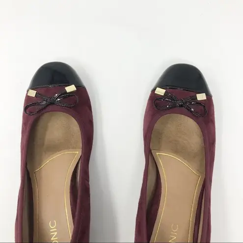 Vionic Daphne Suede Patent Block Heel Bow Low Pump Shoes Merlot Black Burgundy 8