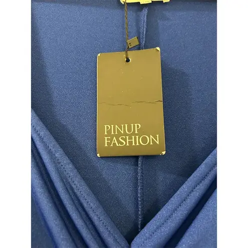 Pinup Fashion Midi Dress Women's Plus Size 24W Blue Formal Short Sleeve Ruched