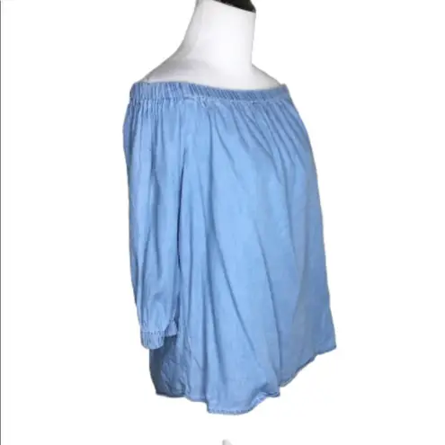 Girl Krazy Blue Off Shoulder Cotton Blend Chambray 3/4 Sleeve Top Small