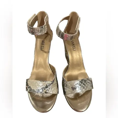 VanEli Boden Marmi Snakeskin Wedge Gold/Beige Brown/Gray Velcro Ankle Strap Shoe Silver Size 8