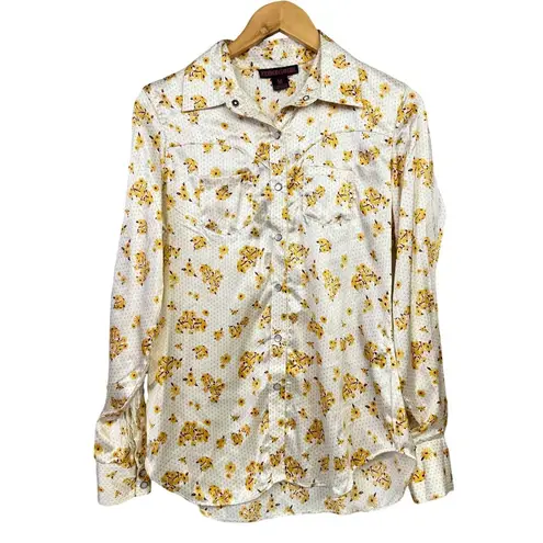 Rock & Roll Cowgirl Pearl Snap Shirt White Fringe Medium Yellow Flowers Polkadot