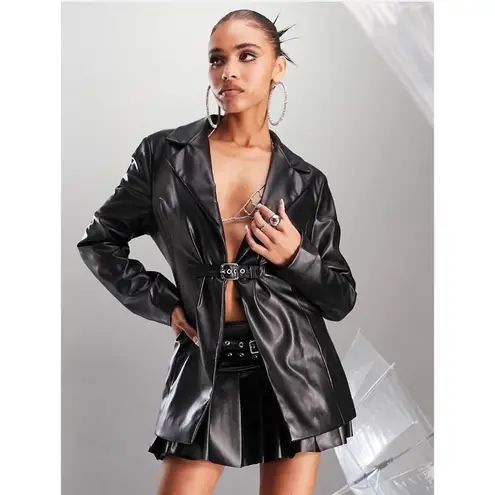 ASOS  ASYOU Black Faux Leather Buckle Detail Cinched Waist Blazer Jacket Size 10