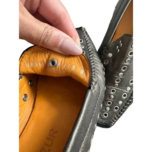 ROBERT ZUR Pewter Silver Metallic Leather Studded Flats Loafers Size 5.5