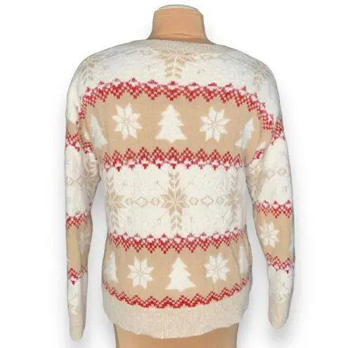 Holiday Time  Sweater Neutral Knit Pullover Cream Tan Snowflake Tree Fair Isle