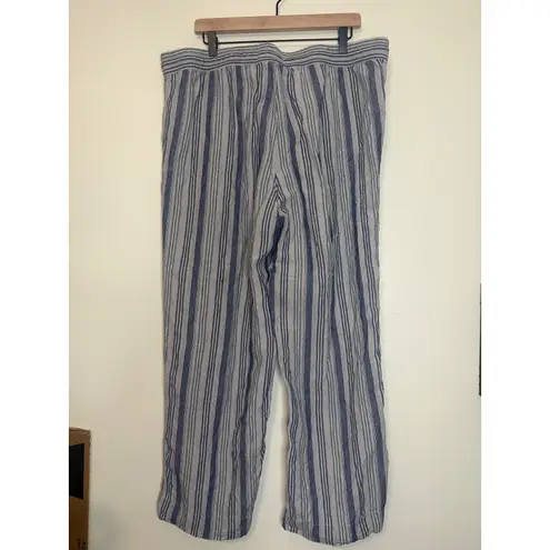 L.L. Bean 100% Linen Pants 18W Blue Striped Elastic Waist Wide Leg Pull On