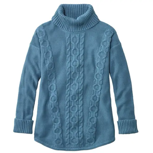 LL Bean Teal Marled Double L Mixed Cable Turtleneck Sweater Size MEDIUM PETITE