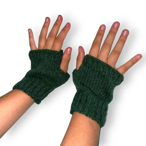 Handmade Womens Handcrafted Fingerless Glove Knit Solid Green Lightweight OS