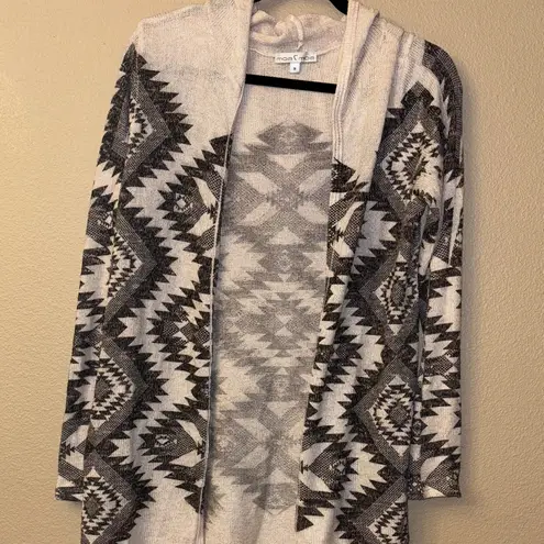 Moa Moa MEDIUM Geometric Open Front Hooded Cardigan Sweater Cream Black Gray